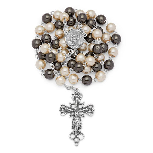 MONDO CATTOLICO Prayer Beads Sterling Silver Rosary Glass Pearl and Hematite Beads