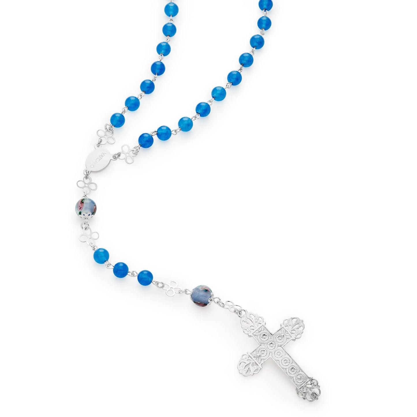 MONDO CATTOLICO Prayer Beads 51 Cm (20.07 in) / 6 mm (0.23 in) Sterling Silver Rosary in Blue Agate