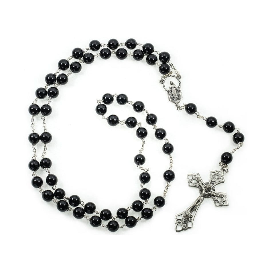 MONDO CATTOLICO Prayer Beads 45 cm (17.7 in) / 6 mm (0.23 in) Sterling Silver Rosary in Onyx