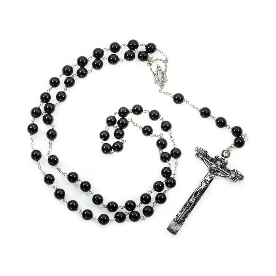 MONDO CATTOLICO Prayer Beads 46.5 cm (17.91 in) / 6 mm (0.23 in) Sterling Silver Rosary in Onyx with Saint Peter Basilica Cross
