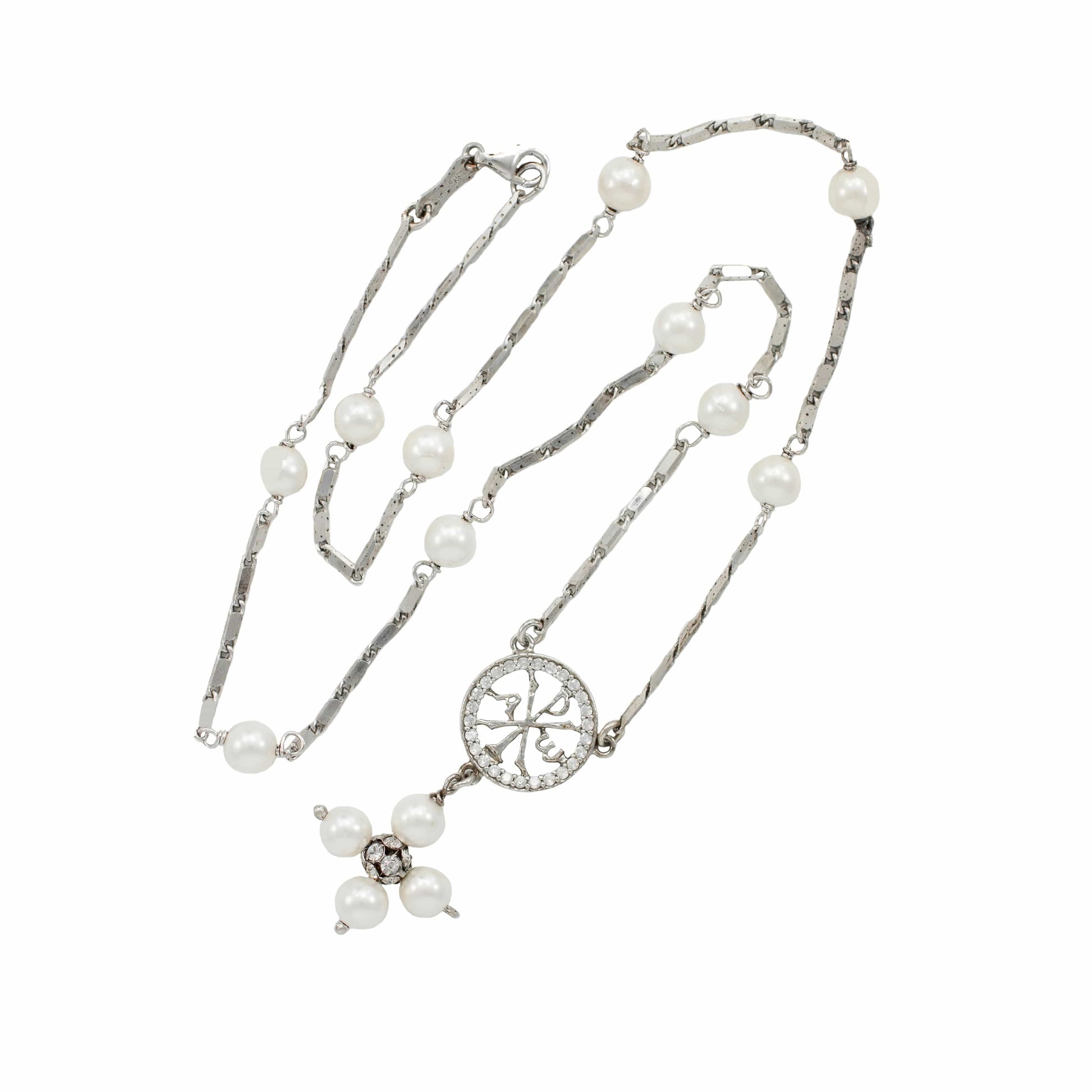 MONDO CATTOLICO Prayer Beads Sterling Silver Rosary Necklace White Glass Pearl