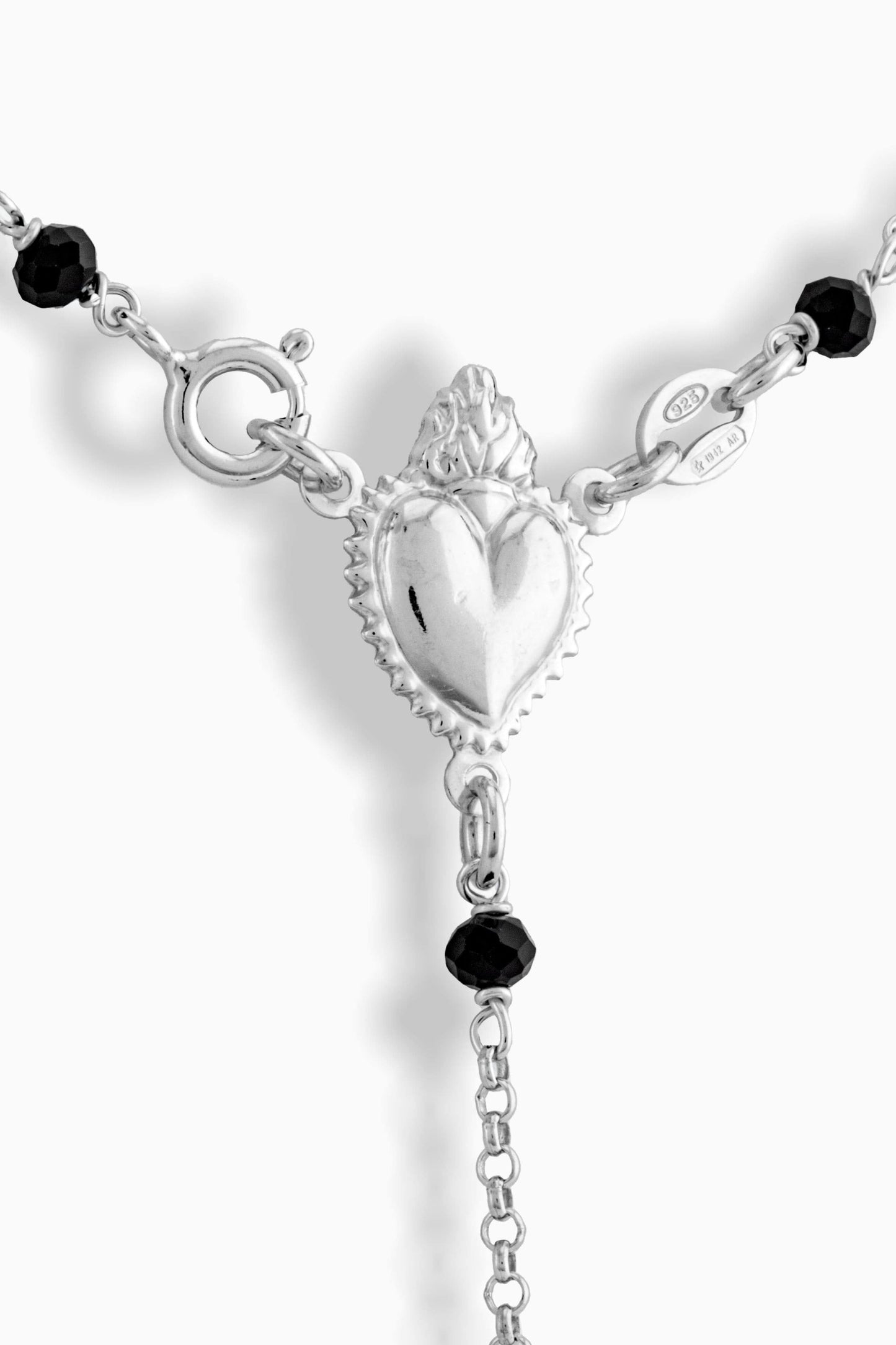 MONDO CATTOLICO Prayer Beads Sterling Silver Rosary Sacred Heart 2mm Black Beads