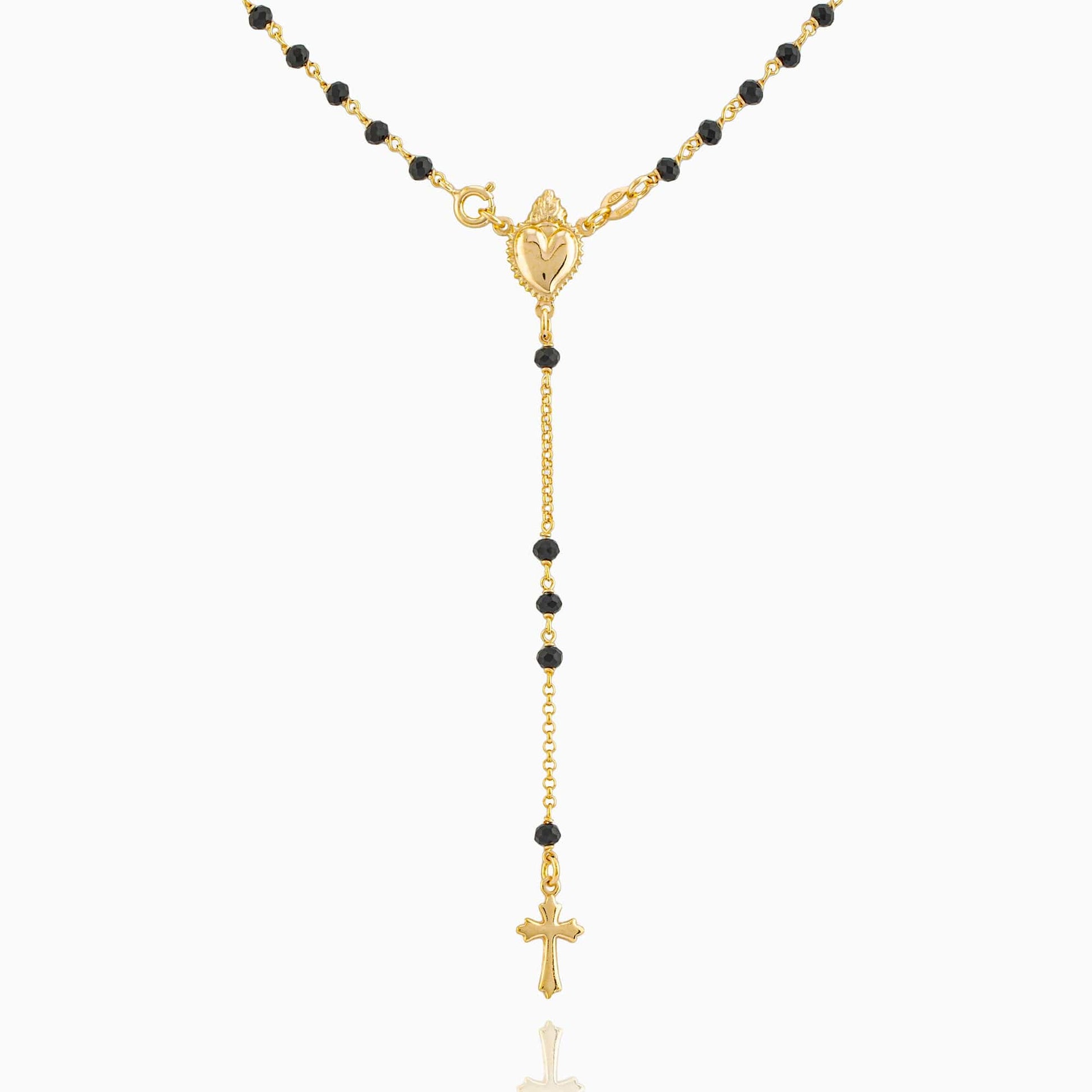 MONDO CATTOLICO Prayer Beads Gold / Cm 46 (18.1 in) STERLING SILVER ROSARY SACRED HEART 3MM BLACK BEADS