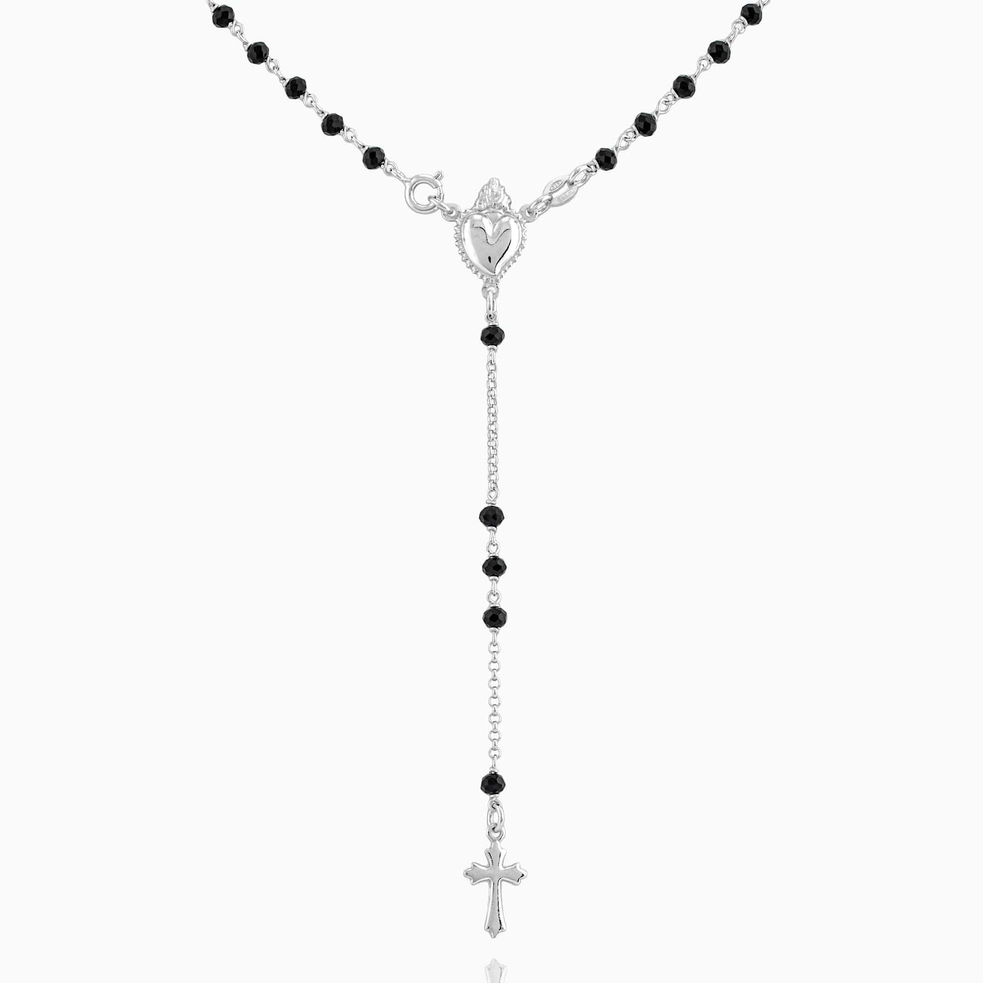 MONDO CATTOLICO Prayer Beads Rhodium / Cm 46 (18.1 in) STERLING SILVER ROSARY SACRED HEART 3MM BLACK BEADS