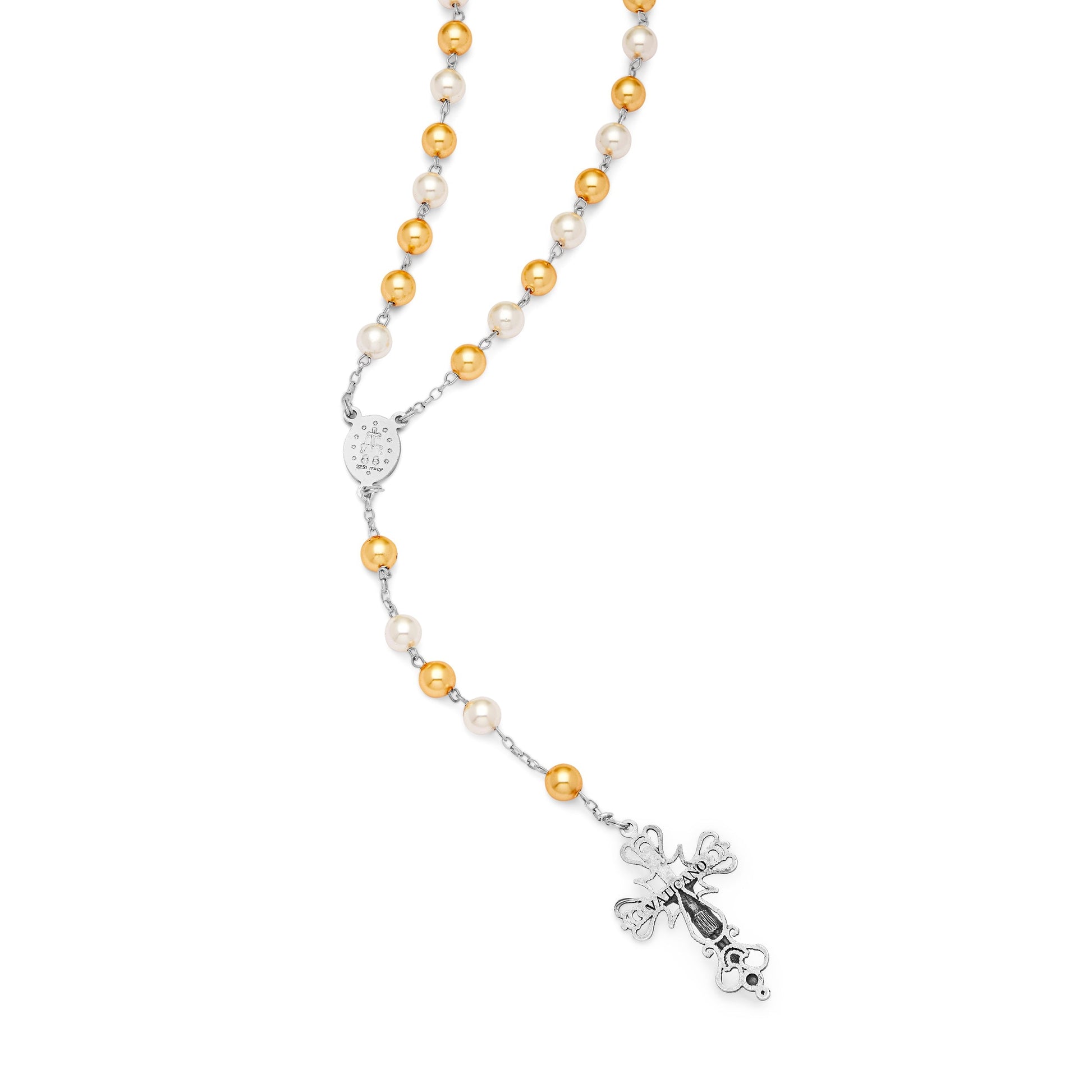 MONDO CATTOLICO Prayer Beads Sterling Silver Rosary Swarovski Crystal Pearls White and Gold Beads