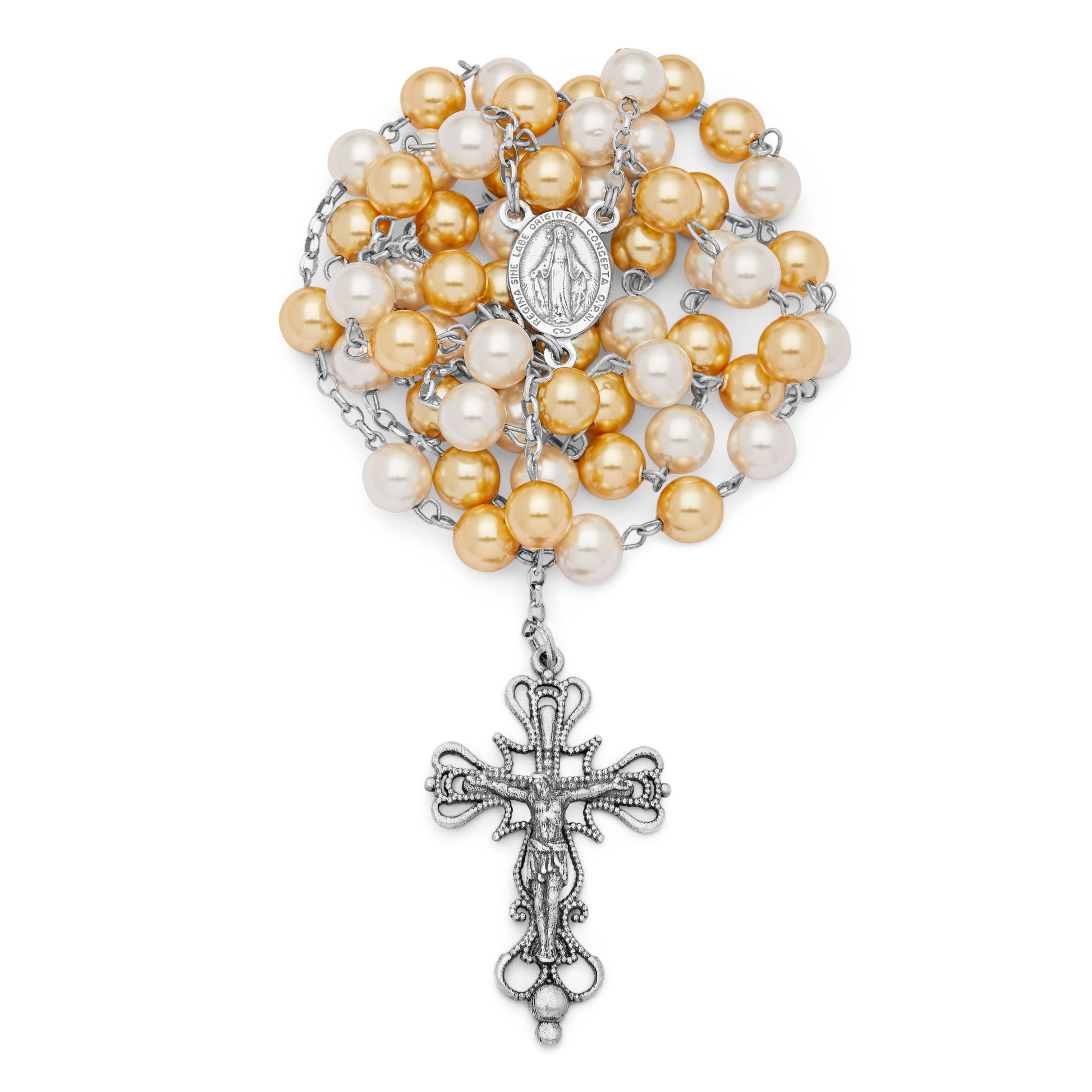 MONDO CATTOLICO Prayer Beads Sterling Silver Rosary Swarovski Crystal Pearls White and Gold Beads