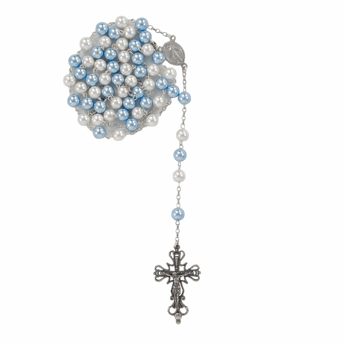 MONDO CATTOLICO Prayer Beads Sterling Silver Rosary Swarovski Crystal Pearls White and Light Blue Beads