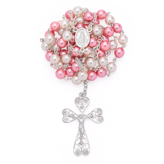 MONDO CATTOLICO ROMA Prayer Beads Sterling Silver Rosary Swarovski Crystal Pearls White and Pink Beads
