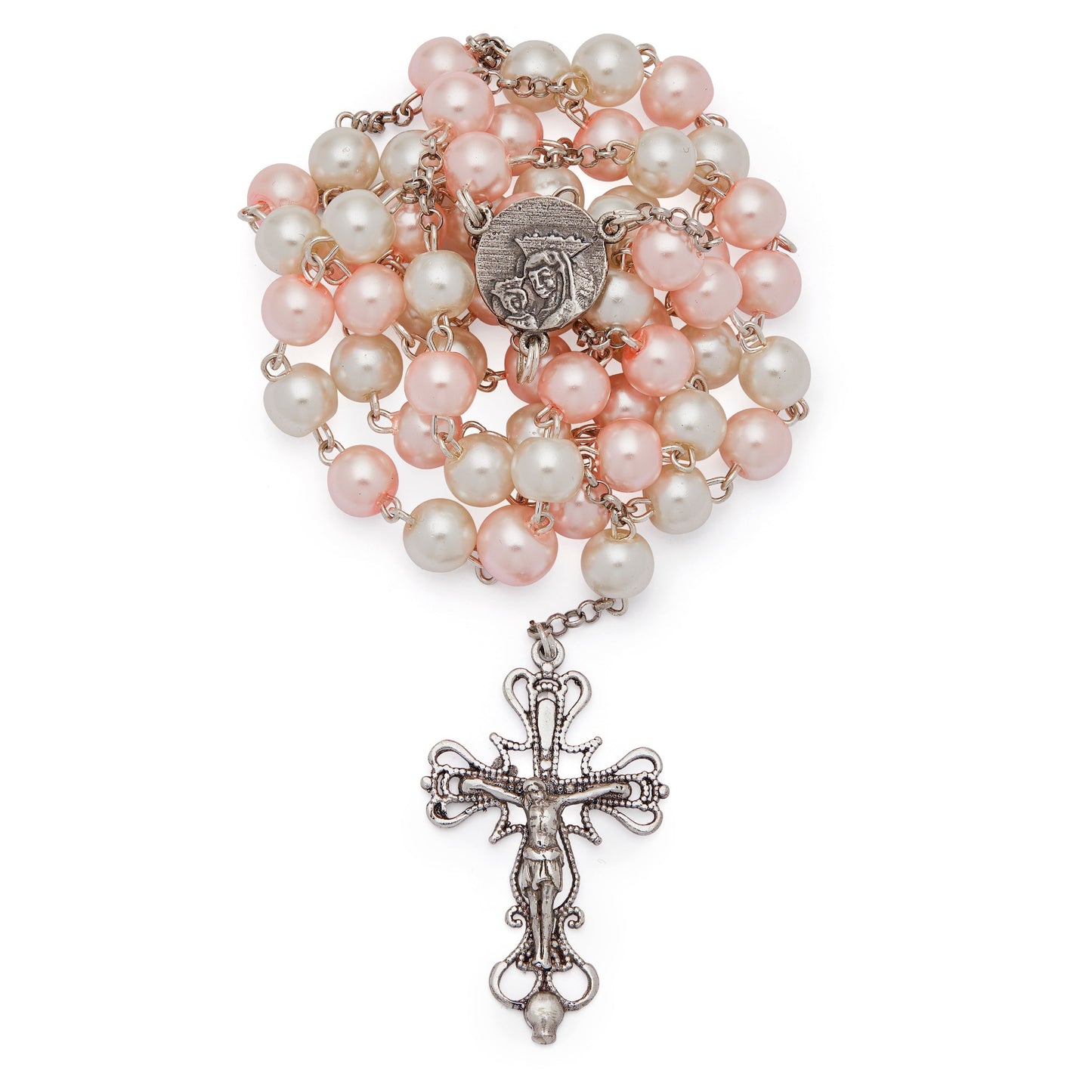 MONDO CATTOLICO Prayer Beads Sterling Silver Rosary Swarovski Crystal Pearls White and Pink Beads