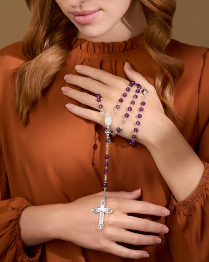 MONDO CATTOLICO ROMA Prayer Beads 51 cm (20.07 in) / 6 mm (0.23 in) Sterling Silver Rosary with Amethyst and Hand-Painted Floral Glass Beads