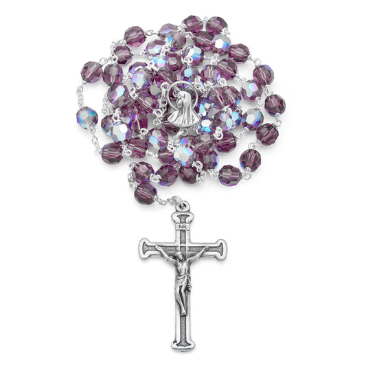 MONDO CATTOLICO Prayer Beads 43 cm (16.9 in) / 6 mm (0.23 in) Sterling Silver Rosary with Amethyst Swarovski Beads