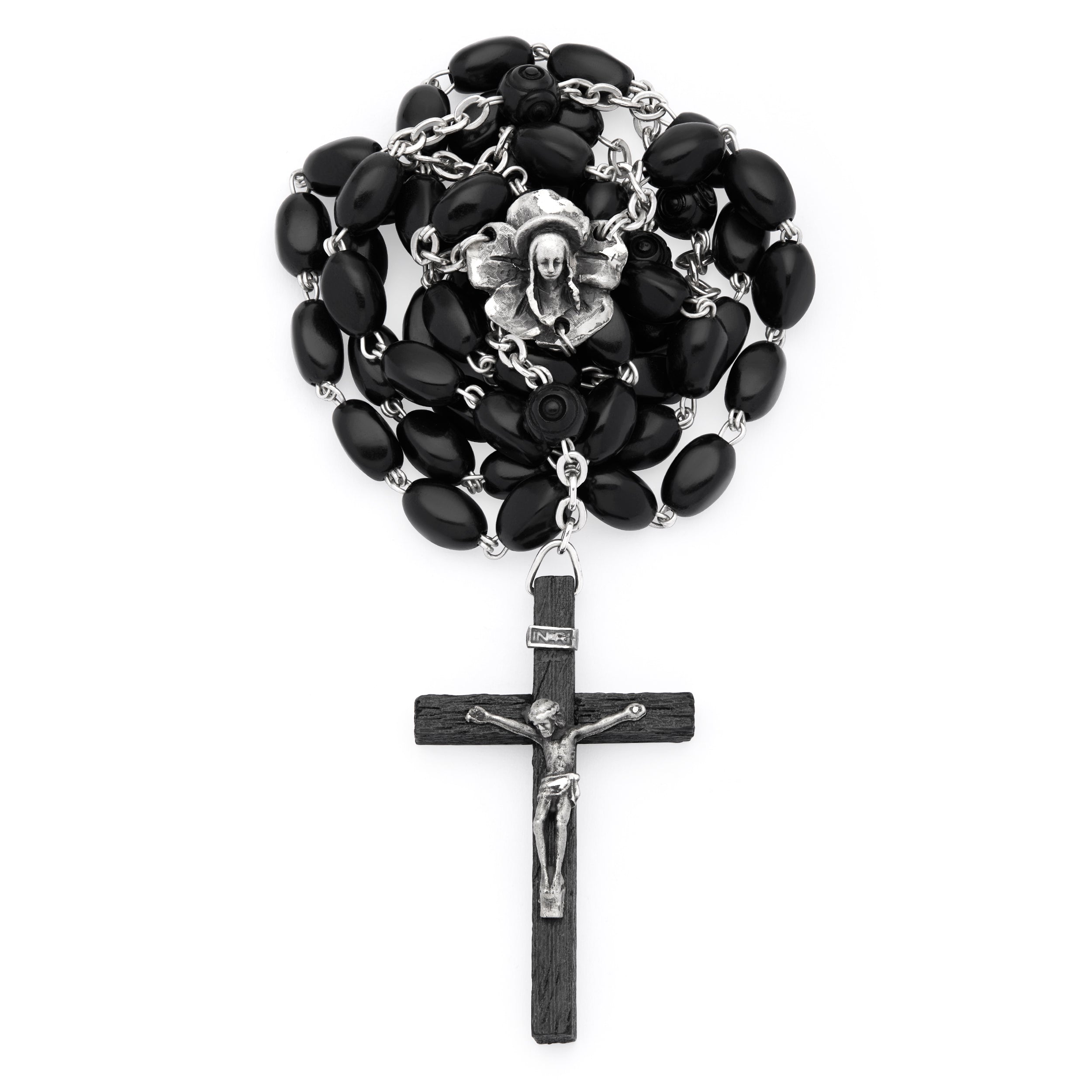 Sterling Silver Rosary with Black Coconut Wood Beads | MONDO CATTOLICO