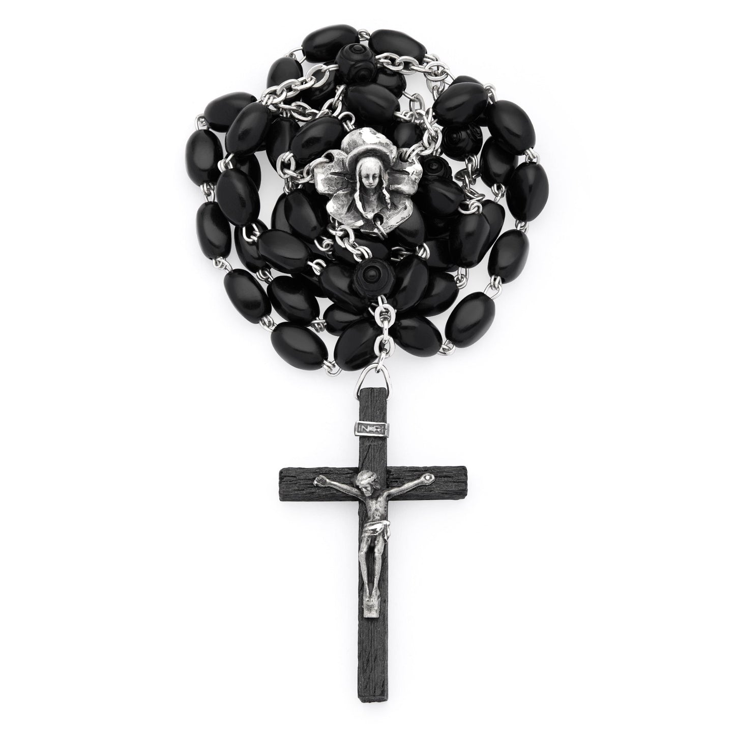 Mondo Cattolico 54 cm (20.47 in) / 70 cm (27.56 in) / 8x4 mm (0.31x0.16 in) Sterling Silver Rosary with Black Coconut Wood Beads