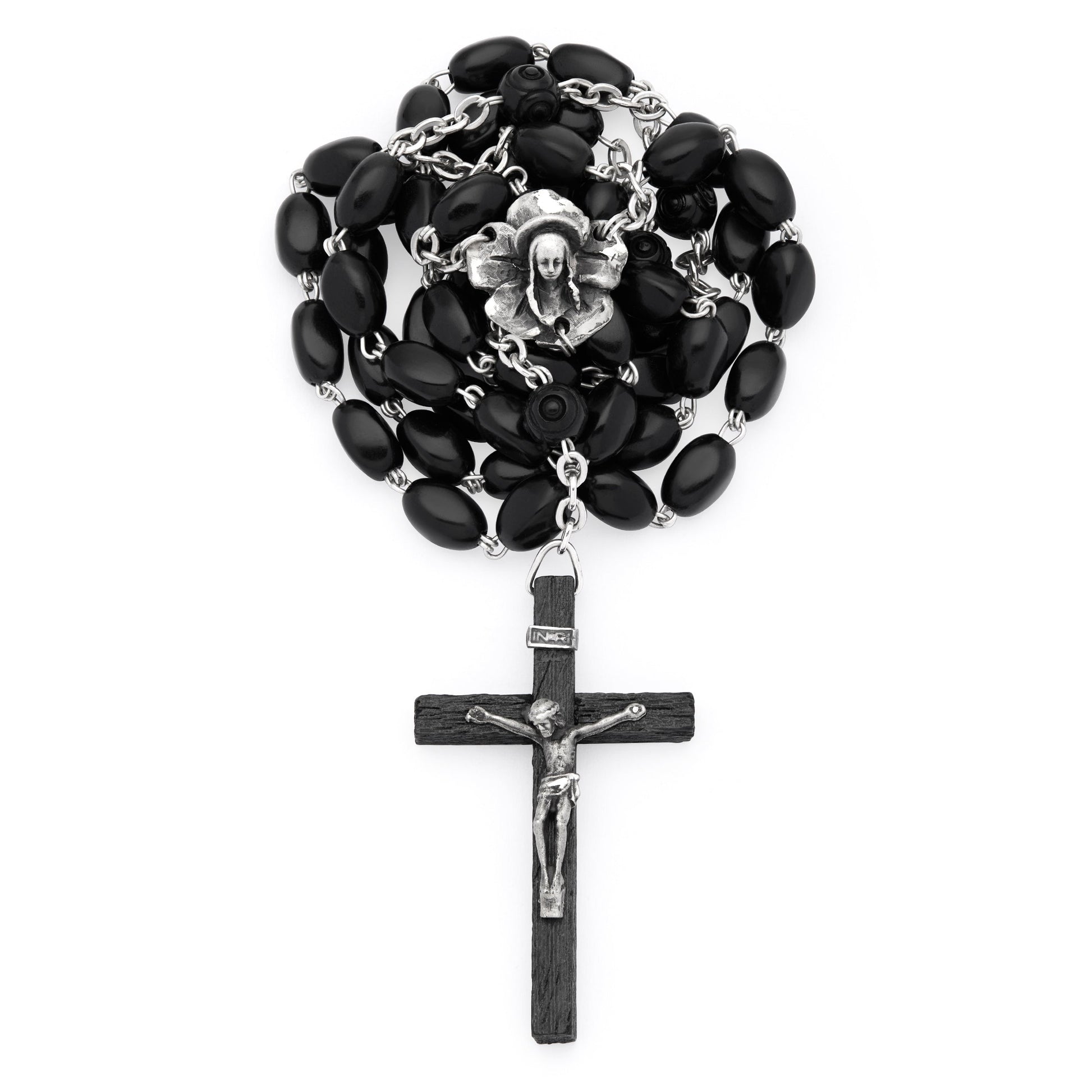 Mondo Cattolico 54 cm (20.47 in) / 70 cm (27.56 in) / 8x4 mm (0.31x0.16 in) Sterling Silver Rosary with Black Coconut Wood Beads