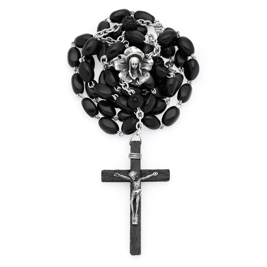 Mondo Cattolico 54 cm (20.47 in) / 70 cm (27.56 in) / 8x4 mm (0.31x0.16 in) Sterling Silver Rosary with Black Coconut Wood Beads