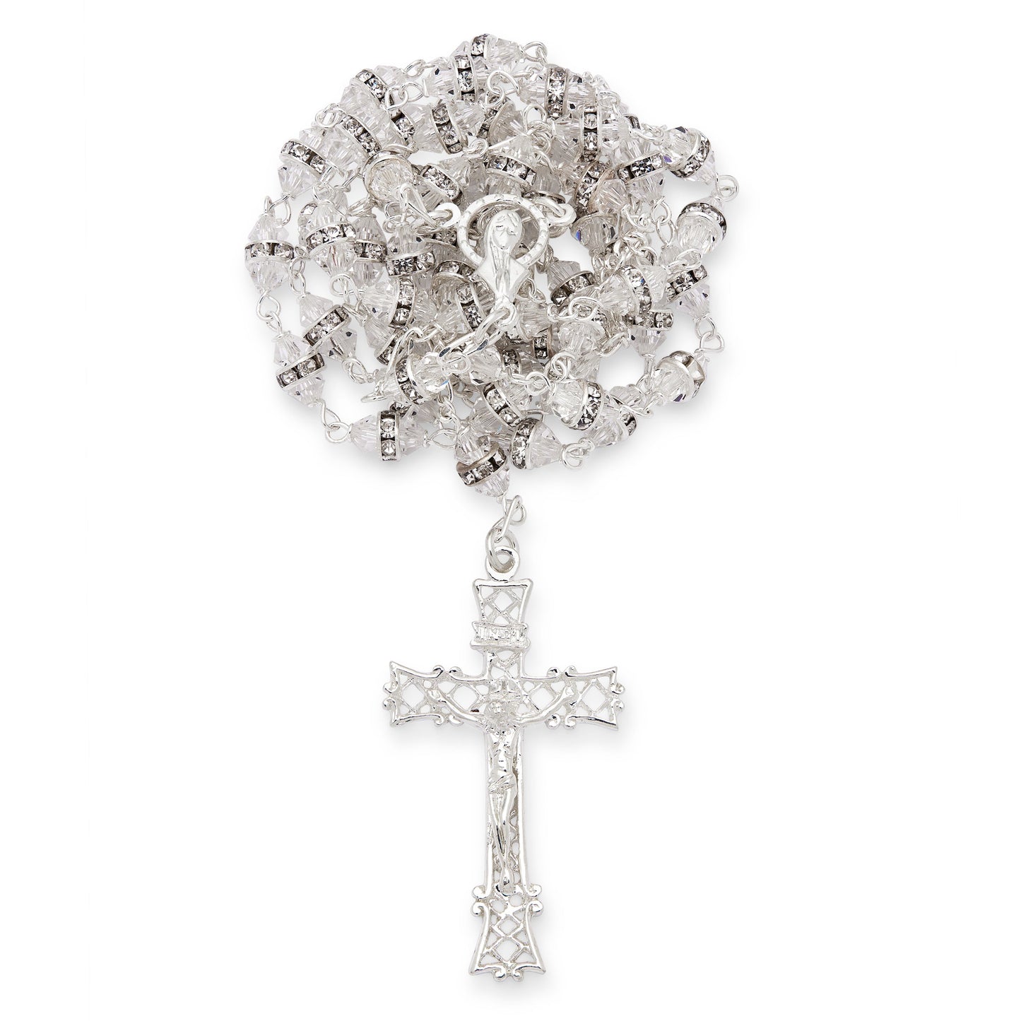 MONDO CATTOLICO ROMA Prayer Beads 56 cm (22.05 in) / 78 cm (30.71 in) / 4 mm (0.16 in) Sterling Silver Rosary with Faceted Clear Crystal Beads and Rhinestone Rondelles