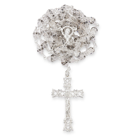 MONDO CATTOLICO ROMA Prayer Beads 56 cm (22.05 in) / 78 cm (30.71 in) / 4 mm (0.16 in) Sterling Silver Rosary with Faceted Clear Crystal Beads and Rhinestone Rondelles