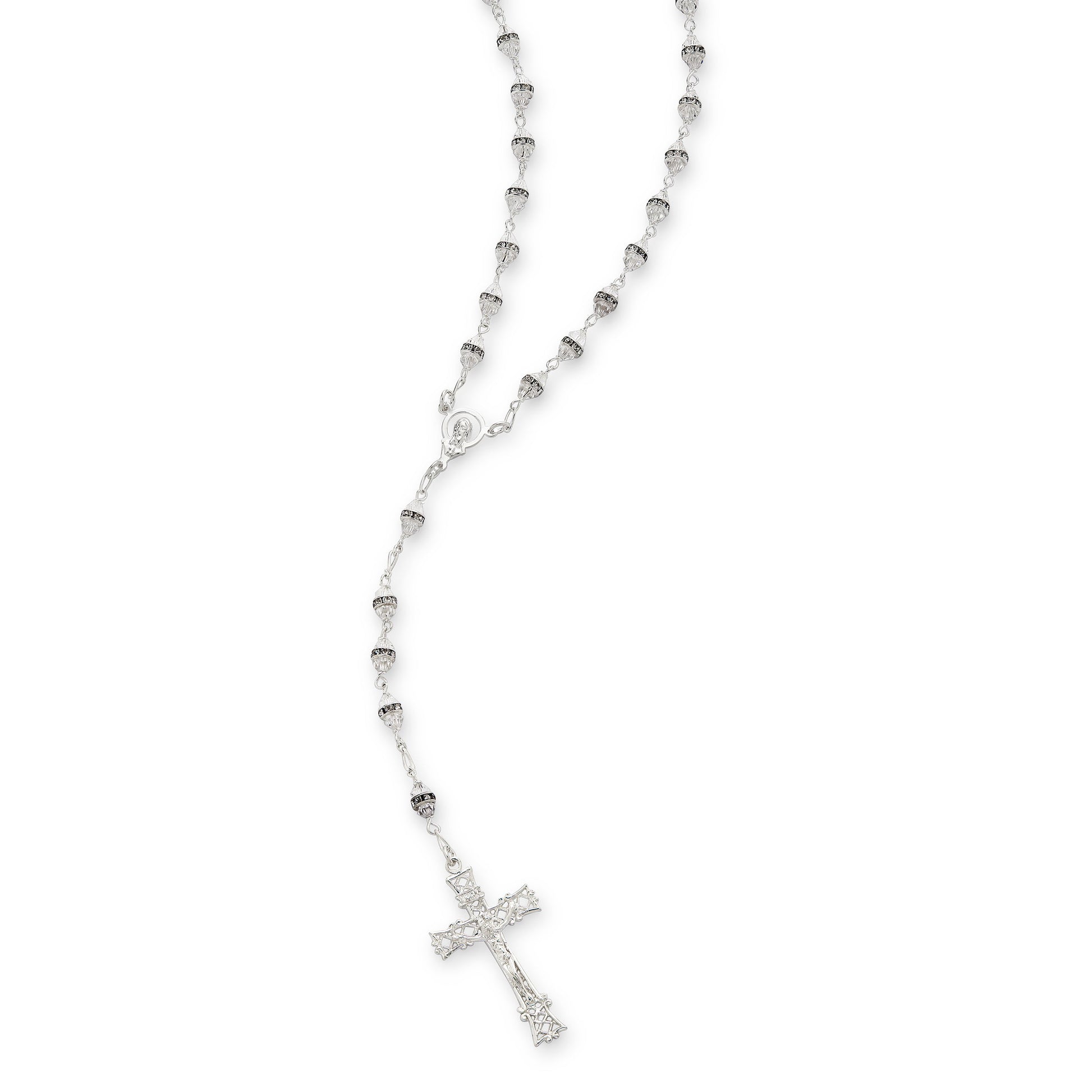 MONDO CATTOLICO ROMA Prayer Beads 56 cm (22.05 in) / 78 cm (30.71 in) / 4 mm (0.16 in) Sterling Silver Rosary with Faceted Clear Crystal Beads and Rhinestone Rondelles