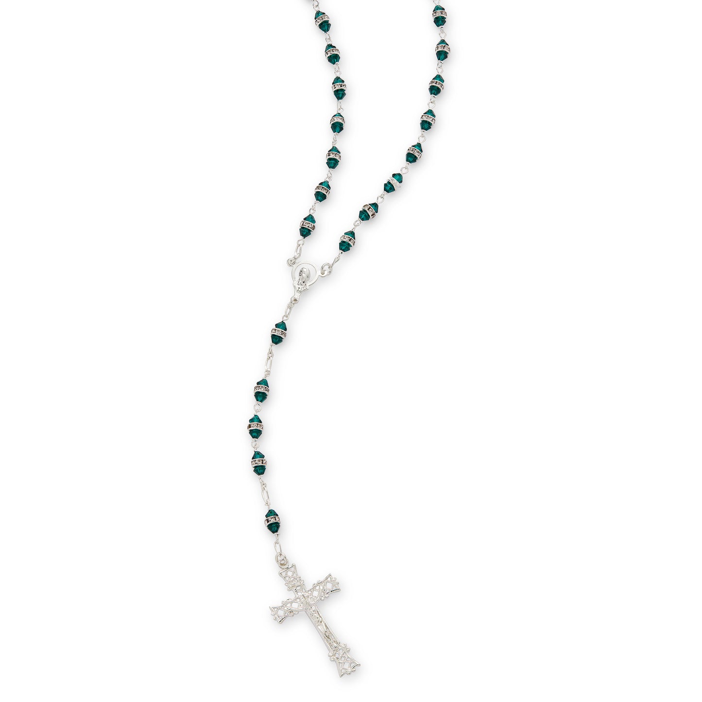 MONDO CATTOLICO ROMA Prayer Beads 56 cm (22.05 in) / 78 cm (30.71 in) / 4 mm (0.16 in) Sterling Silver Rosary with Green Faceted Crystal Beads and Rhinestone Rondelles
