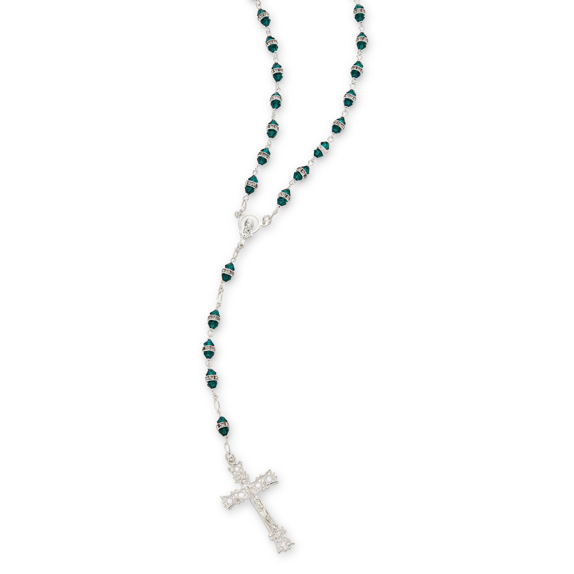 MONDO CATTOLICO ROMA Prayer Beads 56 cm (22.05 in) / 78 cm (30.71 in) / 4 mm (0.16 in) Sterling Silver Rosary with Green Faceted Crystal Beads and Rhinestone Rondelles