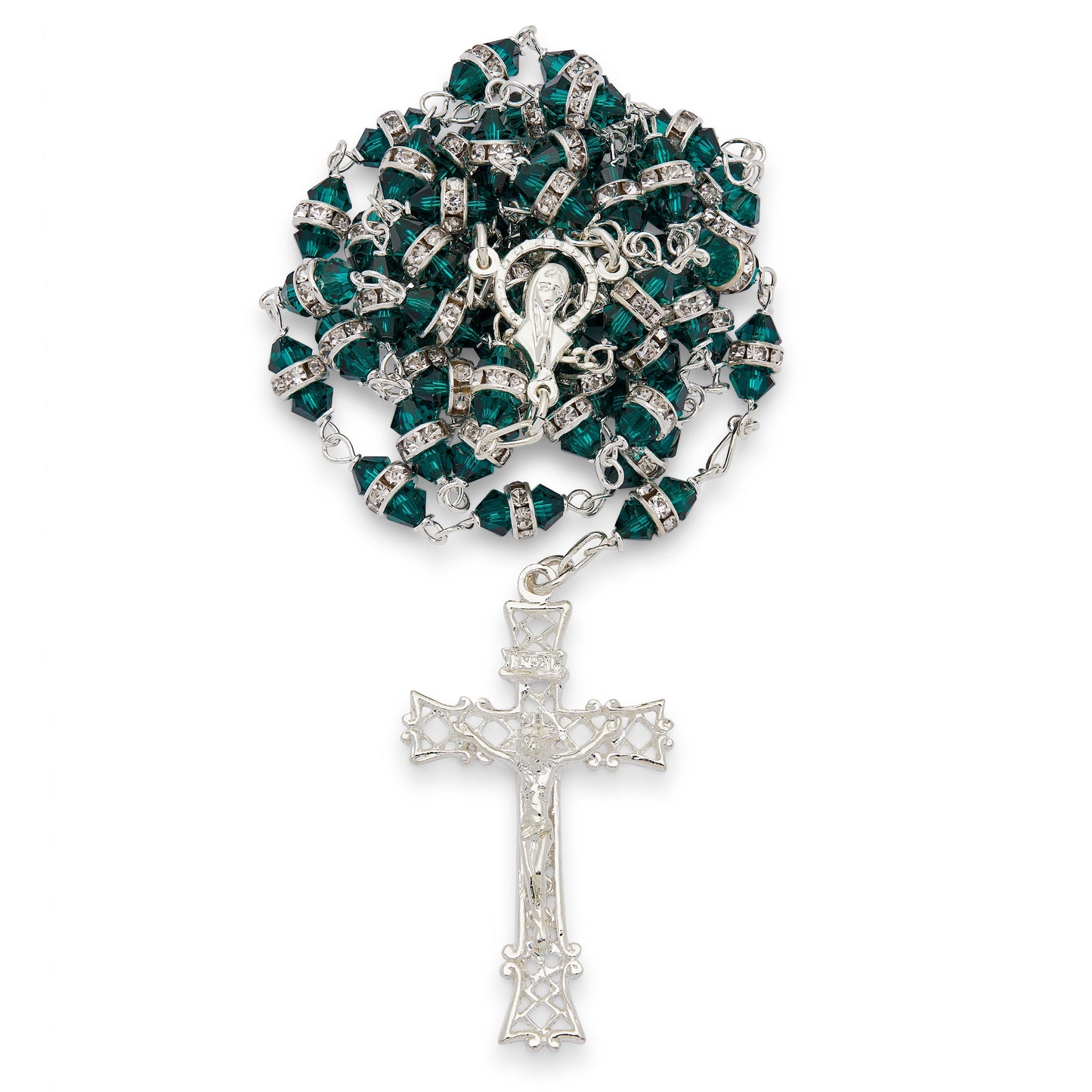 MONDO CATTOLICO ROMA Prayer Beads 56 cm (22.05 in) / 78 cm (30.71 in) / 4 mm (0.16 in) Sterling Silver Rosary with Green Faceted Crystal Beads and Rhinestone Rondelles