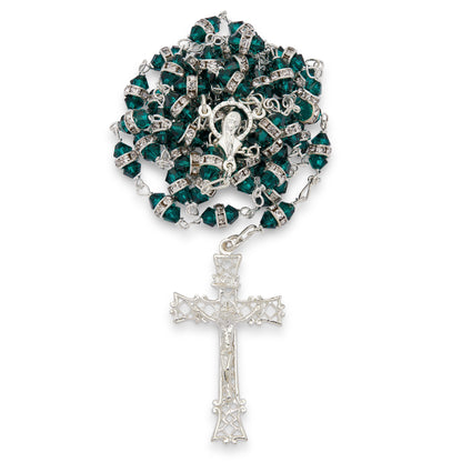 MONDO CATTOLICO ROMA Prayer Beads 56 cm (22.05 in) / 78 cm (30.71 in) / 4 mm (0.16 in) Sterling Silver Rosary with Green Faceted Crystal Beads and Rhinestone Rondelles
