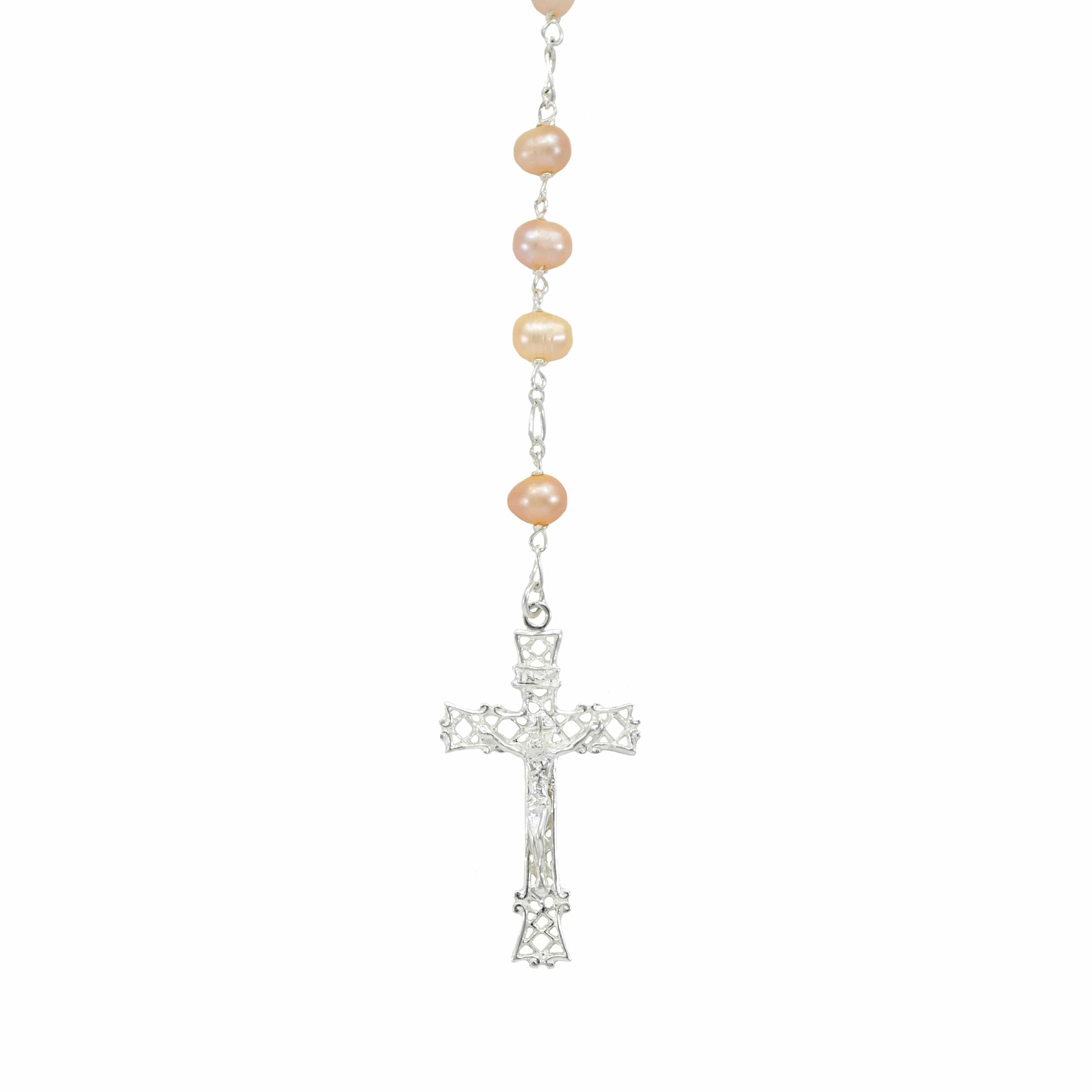 MONDO CATTOLICO Prayer Beads Sterling Silver Rosary with Lake Pearl Beads