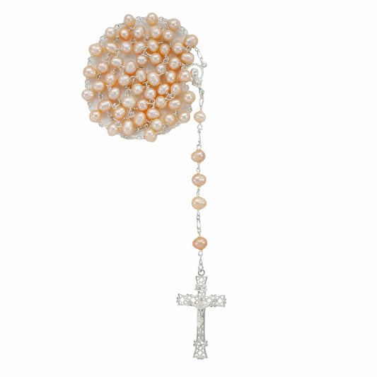 MONDO CATTOLICO Prayer Beads Sterling Silver Rosary with Lake Pearl Beads