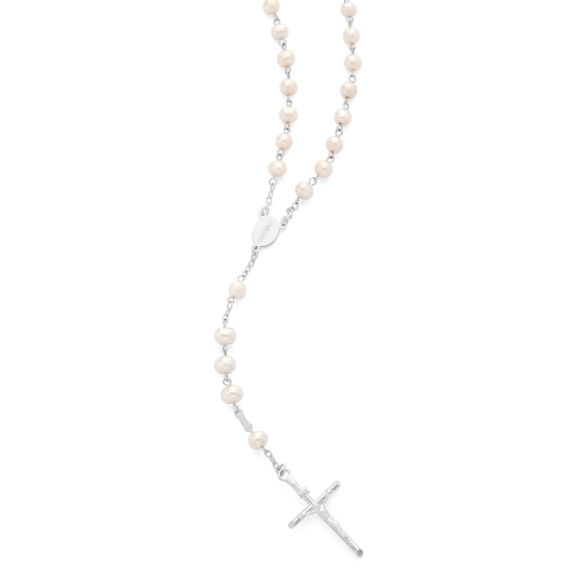 MONDO CATTOLICO ROMA Prayer Beads 54 cm (21.26 in) / 74 cm (29.13 in) / 6 mm (0.24 in) Sterling Silver Rosary with Light Pink Freshwater Pearls and Four Basilicas Medals