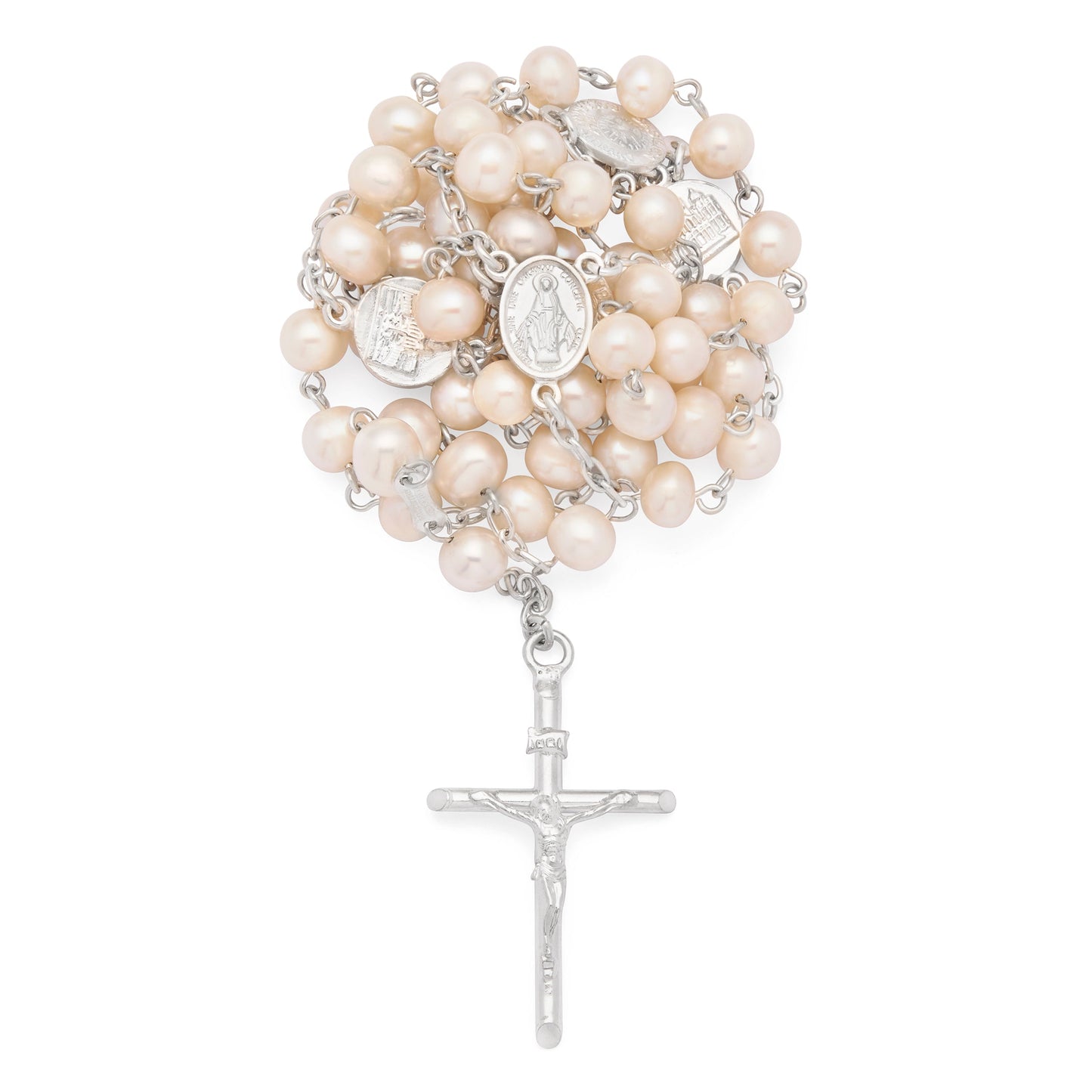MONDO CATTOLICO ROMA Prayer Beads 54 cm (21.26 in) / 74 cm (29.13 in) / 6 mm (0.24 in) Sterling Silver Rosary with Light Pink Freshwater Pearls and Four Basilicas Medals