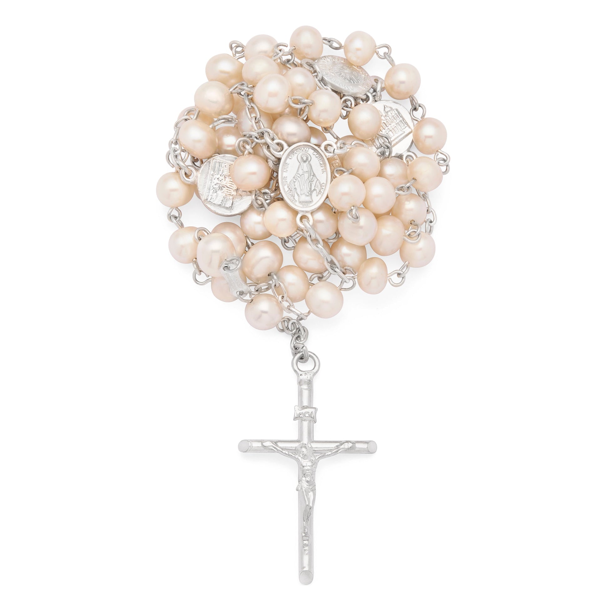 MONDO CATTOLICO ROMA Prayer Beads 54 cm (21.26 in) / 74 cm (29.13 in) / 6 mm (0.24 in) Sterling Silver Rosary with Light Pink Freshwater Pearls and Four Basilicas Medals