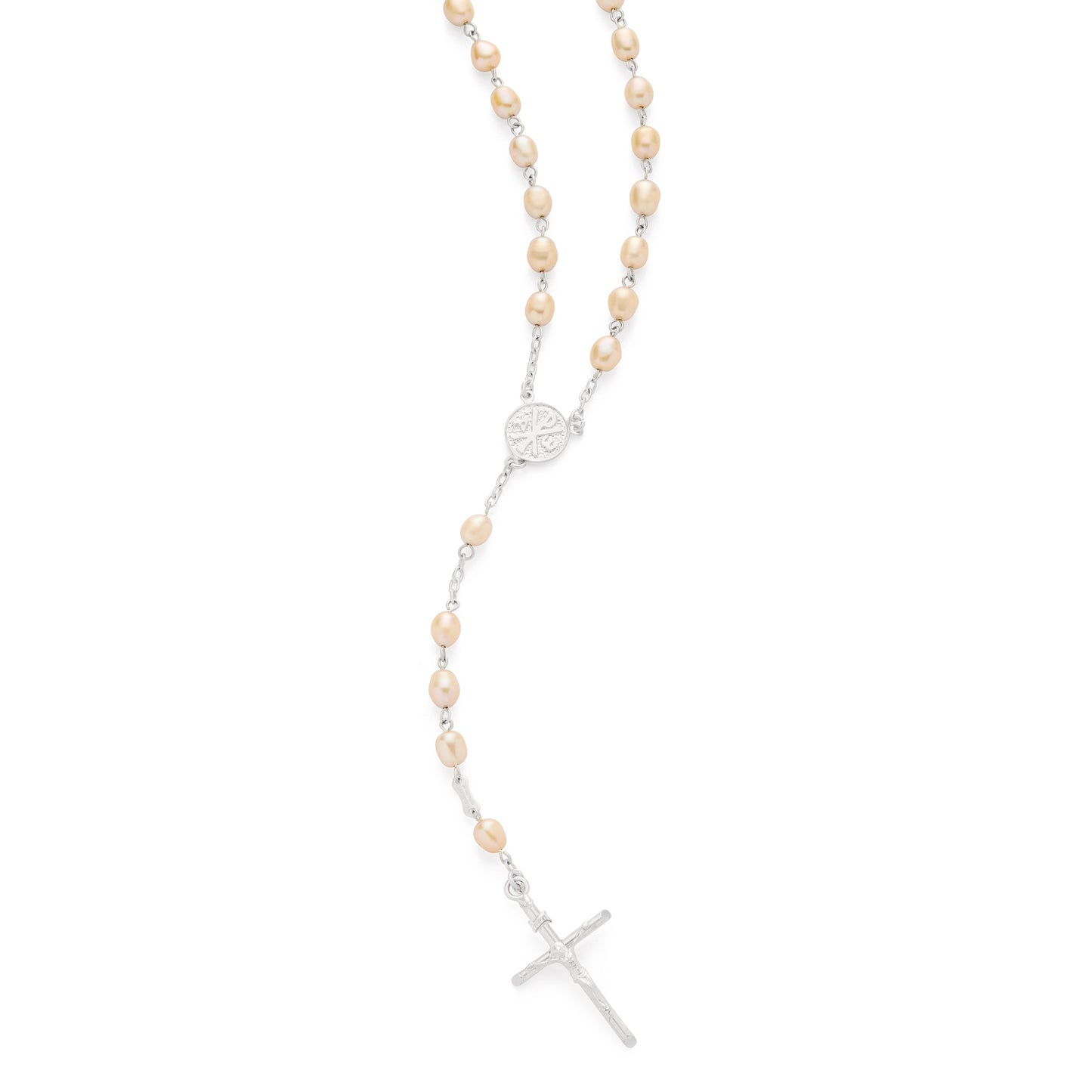 MONDO CATTOLICO ROMA Prayer Beads 56 cm (22.05 in) / 80 cm (31.50 in) / 6 mm (0.24 in) Sterling Silver Rosary with Light Pink Freshwater Pearls and Mater Ecclesiae