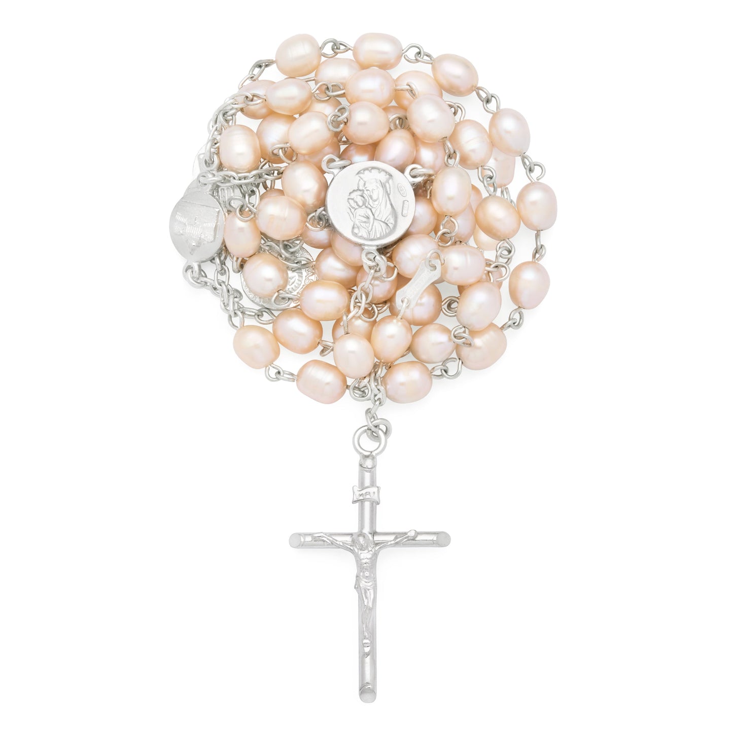 MONDO CATTOLICO ROMA Prayer Beads 56 cm (22.05 in) / 80 cm (31.50 in) / 6 mm (0.24 in) Sterling Silver Rosary with Light Pink Freshwater Pearls and Mater Ecclesiae