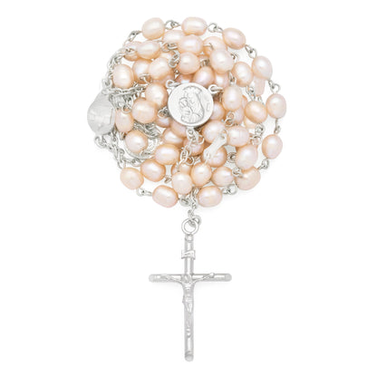 MONDO CATTOLICO ROMA Prayer Beads 56 cm (22.05 in) / 80 cm (31.50 in) / 6 mm (0.24 in) Sterling Silver Rosary with Light Pink Freshwater Pearls and Mater Ecclesiae
