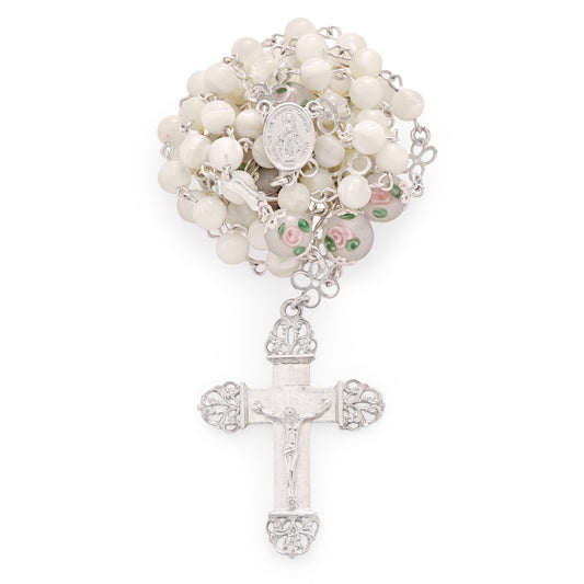 MONDO CATTOLICO ROMA Prayer Beads 51 Cm (20.07 in) / 6 mm (0.23 in) Sterling Silver Rosary with Mother-of-Pearl and Hand-Painted Floral Glass Beads