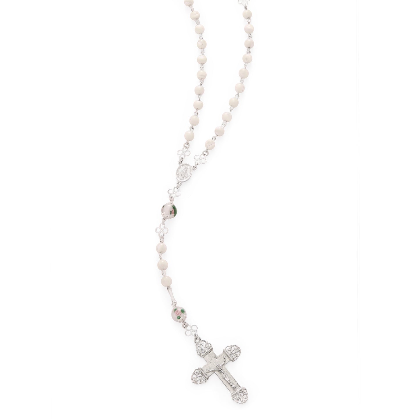 MONDO CATTOLICO ROMA Prayer Beads 51 Cm (20.07 in) / 6 mm (0.23 in) Sterling Silver Rosary with Mother-of-Pearl and Hand-Painted Floral Glass Beads