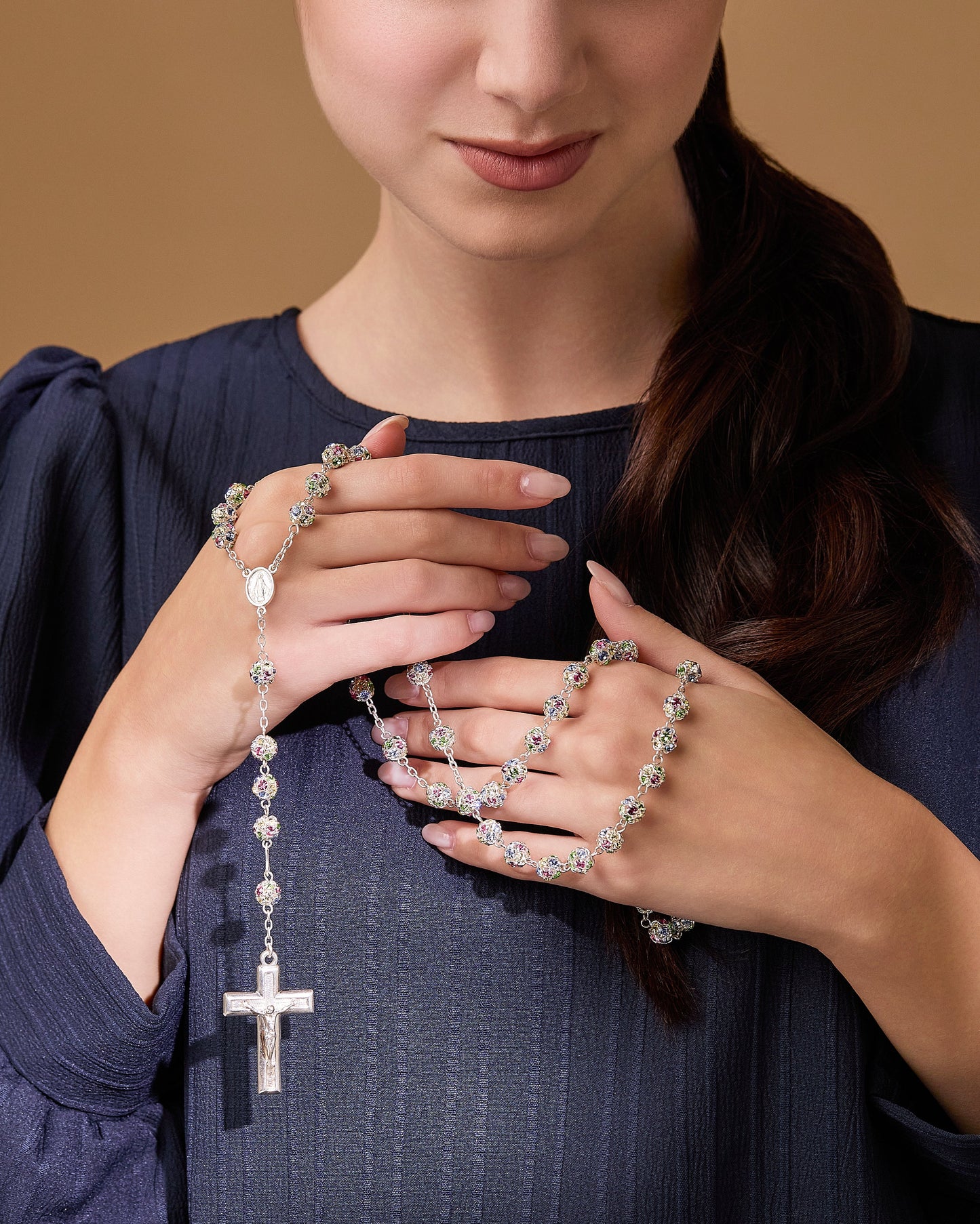 MONDO CATTOLICO ROMA Rosary 52 cm (20.47 in) / 70 cm (27.56 in) / 8 mm (0.31 in) Sterling Silver Rosary with Multicolor Rhinestone Beads