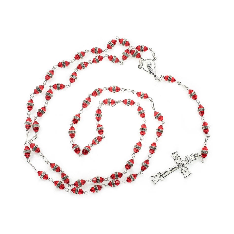 MONDO CATTOLICO Prayer Beads Sterling Silver Rosary with Red Rondelle Crystal Beads