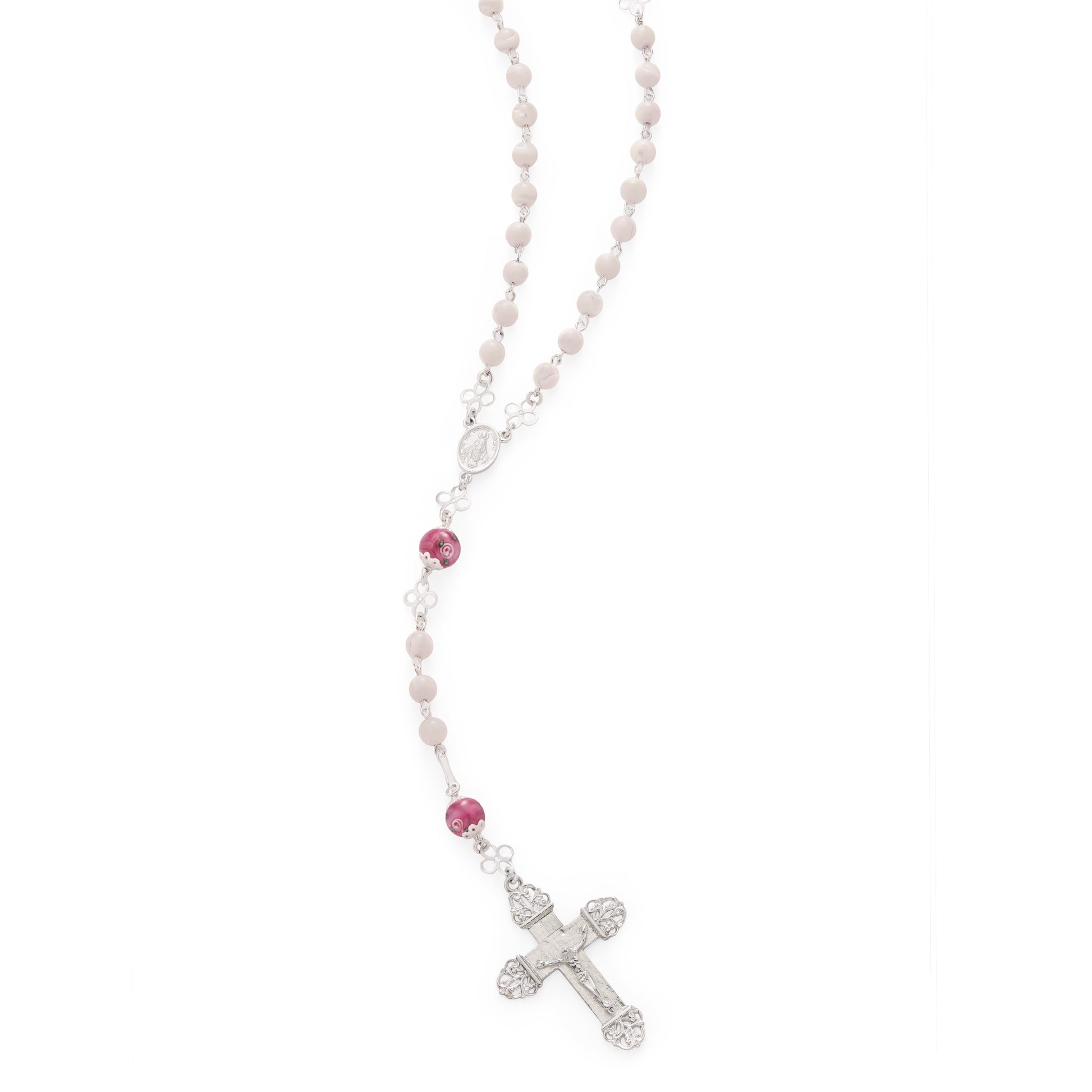 MONDO CATTOLICO ROMA Prayer Beads 51 Cm (20.07 in) / 6 mm (0.23 in) Sterling Silver Rosary with Rose Quartz and Hand-Painted Floral Glass Beads