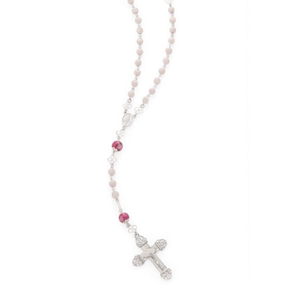 MONDO CATTOLICO ROMA Prayer Beads 51 Cm (20.07 in) / 6 mm (0.23 in) Sterling Silver Rosary with Rose Quartz and Hand-Painted Floral Glass Beads