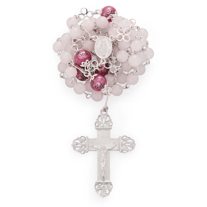 MONDO CATTOLICO ROMA Prayer Beads 51 Cm (20.07 in) / 6 mm (0.23 in) Sterling Silver Rosary with Rose Quartz and Hand-Painted Floral Glass Beads