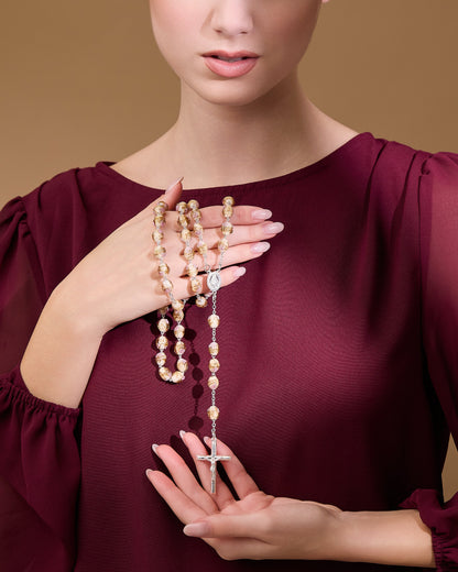 MONDO CATTOLICO ROMA Rosary 60 cm (23.62 in) / 85 cm (33.46 in) / 8x10 mm (0.31x0.39 in) Sterling Silver Rosary with Yellow Crystal Beads and Rosettes with the Miraculous Medal