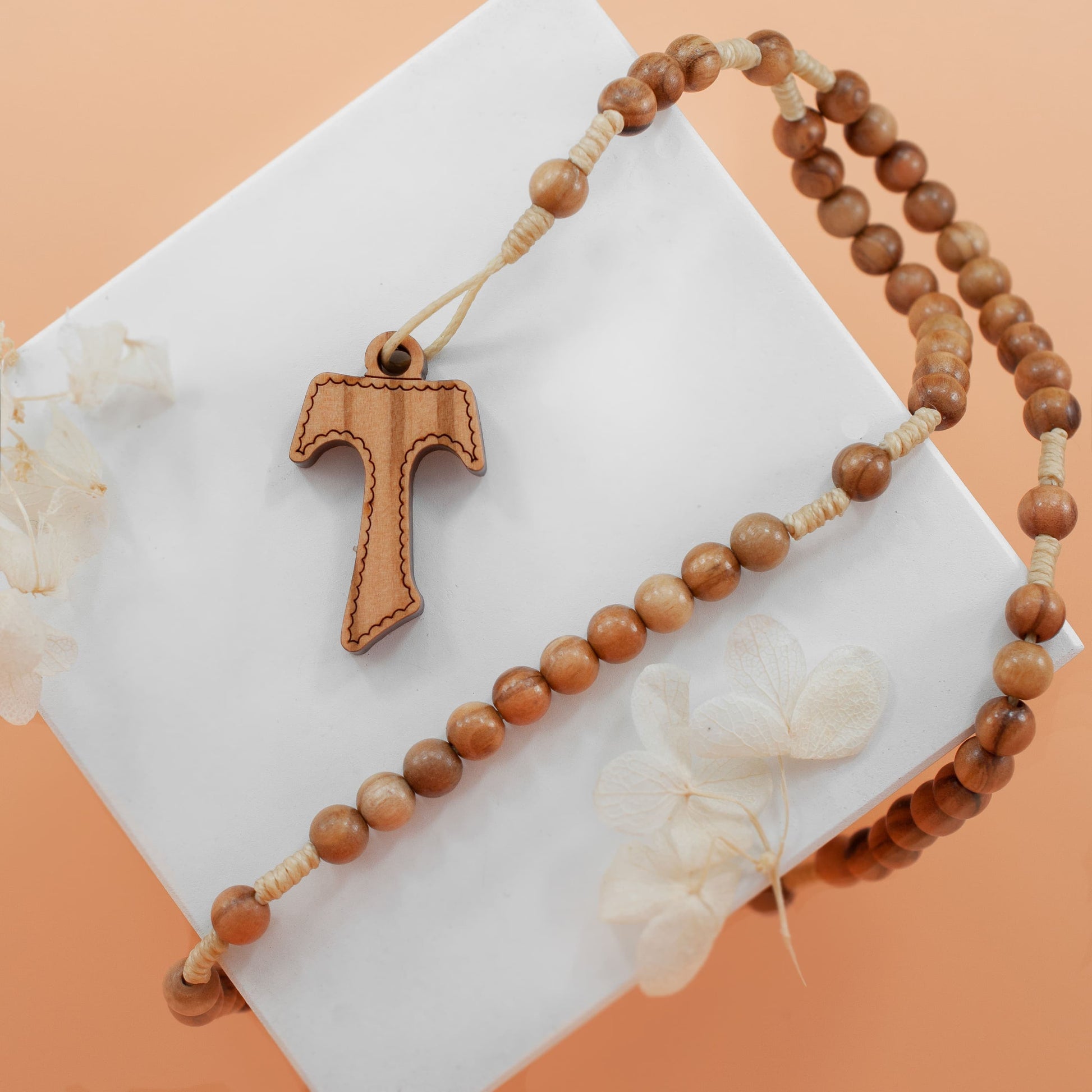 MONDO CATTOLICO Prayer Beads Tau Cross Rosary Olive Wood Rosary Beads