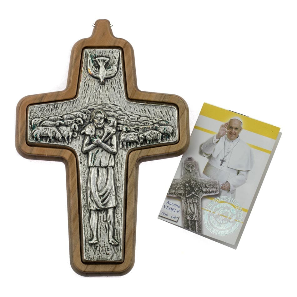 MONDO CATTOLICO 12 cm (4.72 in) The Good Shepherd Cross in Metal With Olive Wood Back