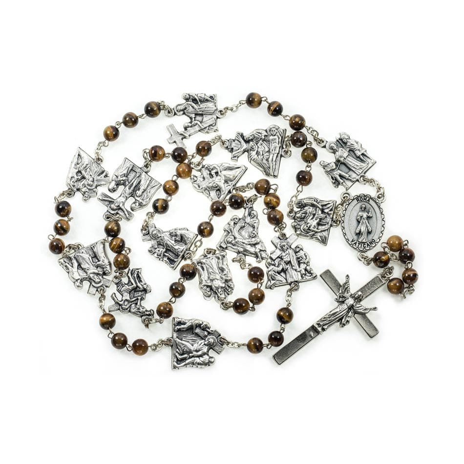 MONDO CATTOLICO Prayer Beads 66 cm (25.9 in) / 6 mm (0.23 in) Tiger Eye Rosary with the Way of Jesus
