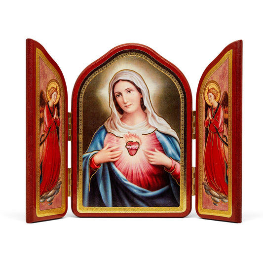 Mondo Cattolico 10.50x15 cm (4.13x5.91 in) Triptych in Red Wood With Immaculate Heart of Mary and Angels