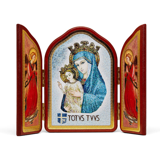 Mondo Cattolico 10.50x15 cm (4.13x5.91 in) Triptych in Red Wood With Mater Ecclesiae And Angels