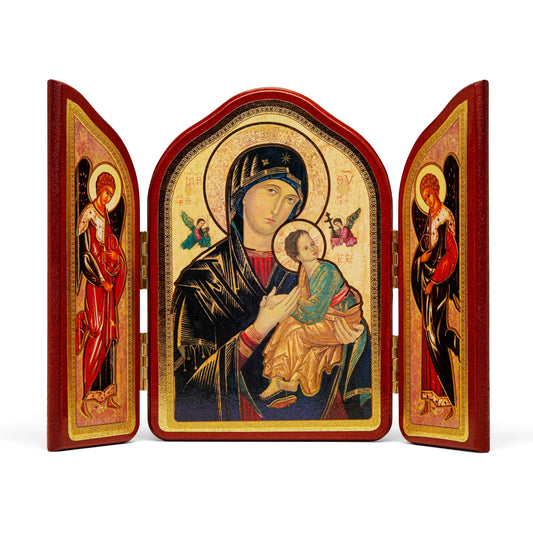 Mondo Cattolico 10.50x15 cm (4.13x5.91 in) Triptych in Red Wood With Our Lady of Perpetual Help And Angels