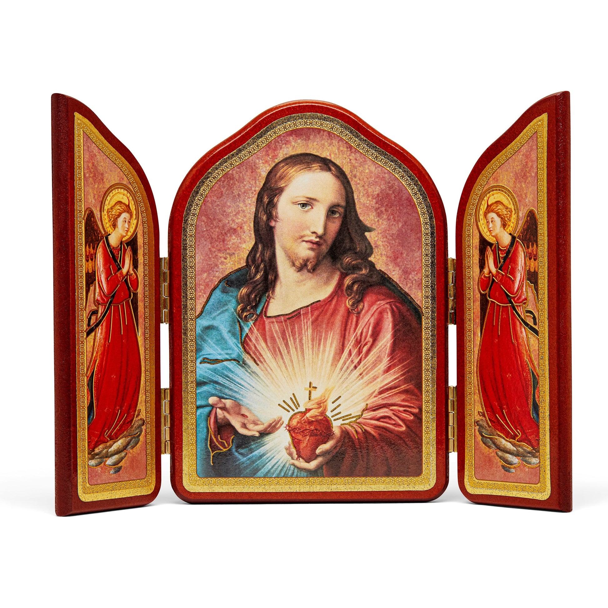 Mondo Cattolico 10.50x15 cm (4.13x5.91 in) Triptych in Red Wood With Sacred Heart of Jesus And Angels