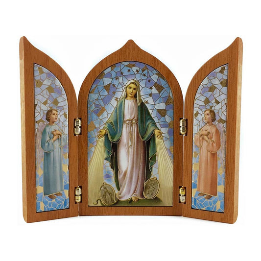 MONDO CATTOLICO Triptych Miraculous Madonna and Angels in Wood 10x12 cm